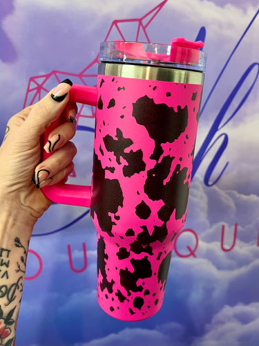 Hot Pink Cow 40oz Tumbler with Handle *NO LID*