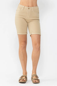 Khaki Cuffed Bermuda Mid Rise Judy Blue Shorts