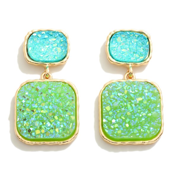 Square Metal Backed Druzy Cluster Drop Earrings With Druzy Cluster Stud Posts
