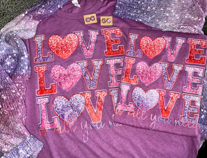 MOM & ME- Love is all you Need (glitter look) DTF Graphic T-shirt by L&V w/earring *XL adult/youth M ONLY*