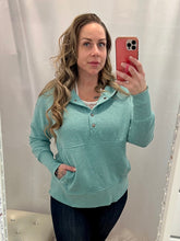 Load image into Gallery viewer, Half Button Hooded Pull Over w/Kangaroo Pocket Teal