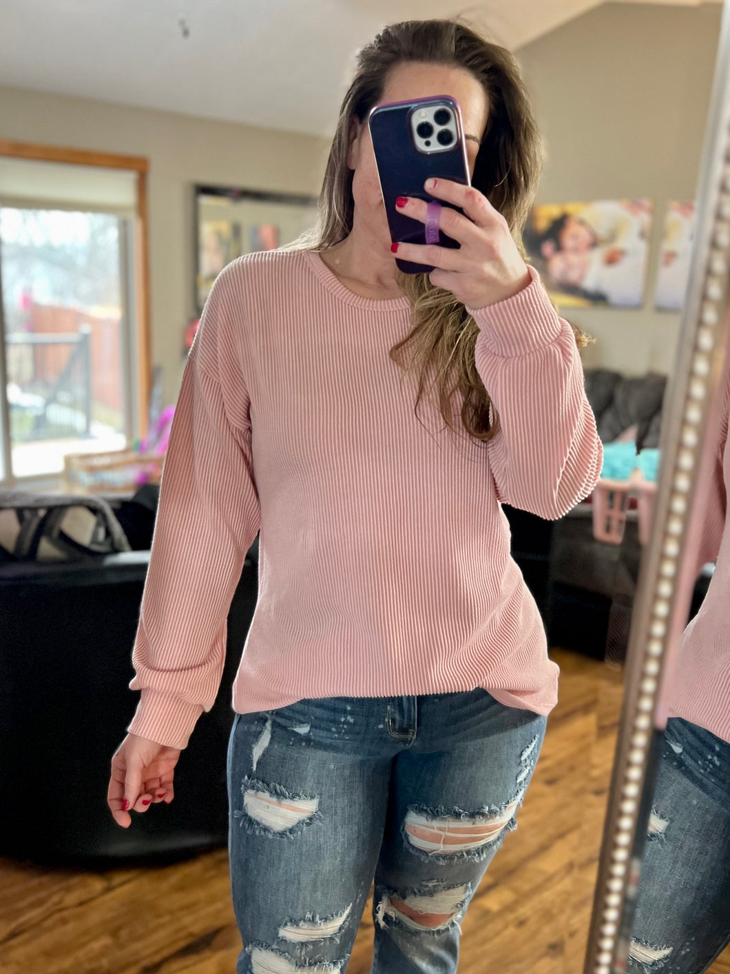 Ribbed Pullover Crewneck Top - Dusty Pink