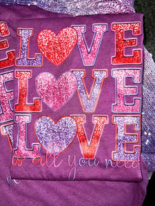 MOM & ME- Love is all you Need (glitter look) DTF Graphic T-shirt by L&V w/earring *XL adult/youth M ONLY*