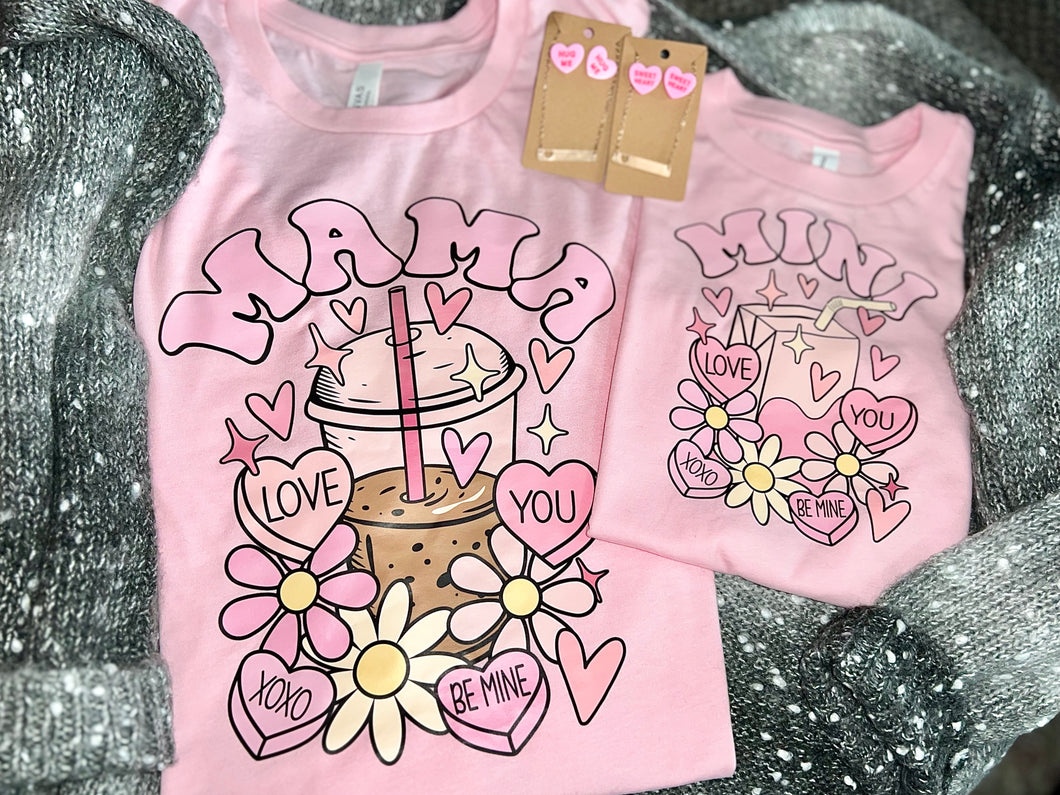 MAMA - MINI Valentine’s DTF Graphic T-shirt by L&V w/earring & necklace (XL adult/Kids 5T ONLY)