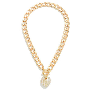 Chain Link Rhinstone Heart Pendant- Gold