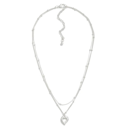 Layered Chain Link Necklace With Heart Pendant Silver