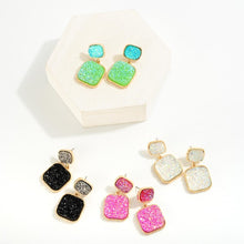 Load image into Gallery viewer, Square Metal Backed Druzy Cluster Drop Earrings With Druzy Cluster Stud Posts