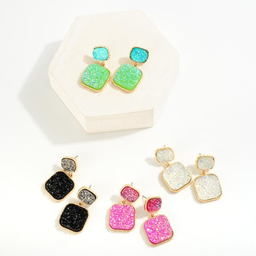 Square Metal Backed Druzy Cluster Drop Earrings With Druzy Cluster Stud Posts