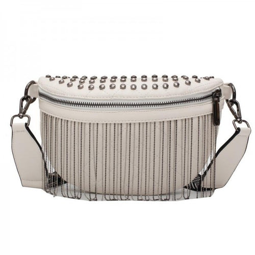 Studded Faux Leather Crossbody Sling with tassels White