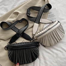 Load image into Gallery viewer, Studded Faux Leather Crossbody Sling with tassels White